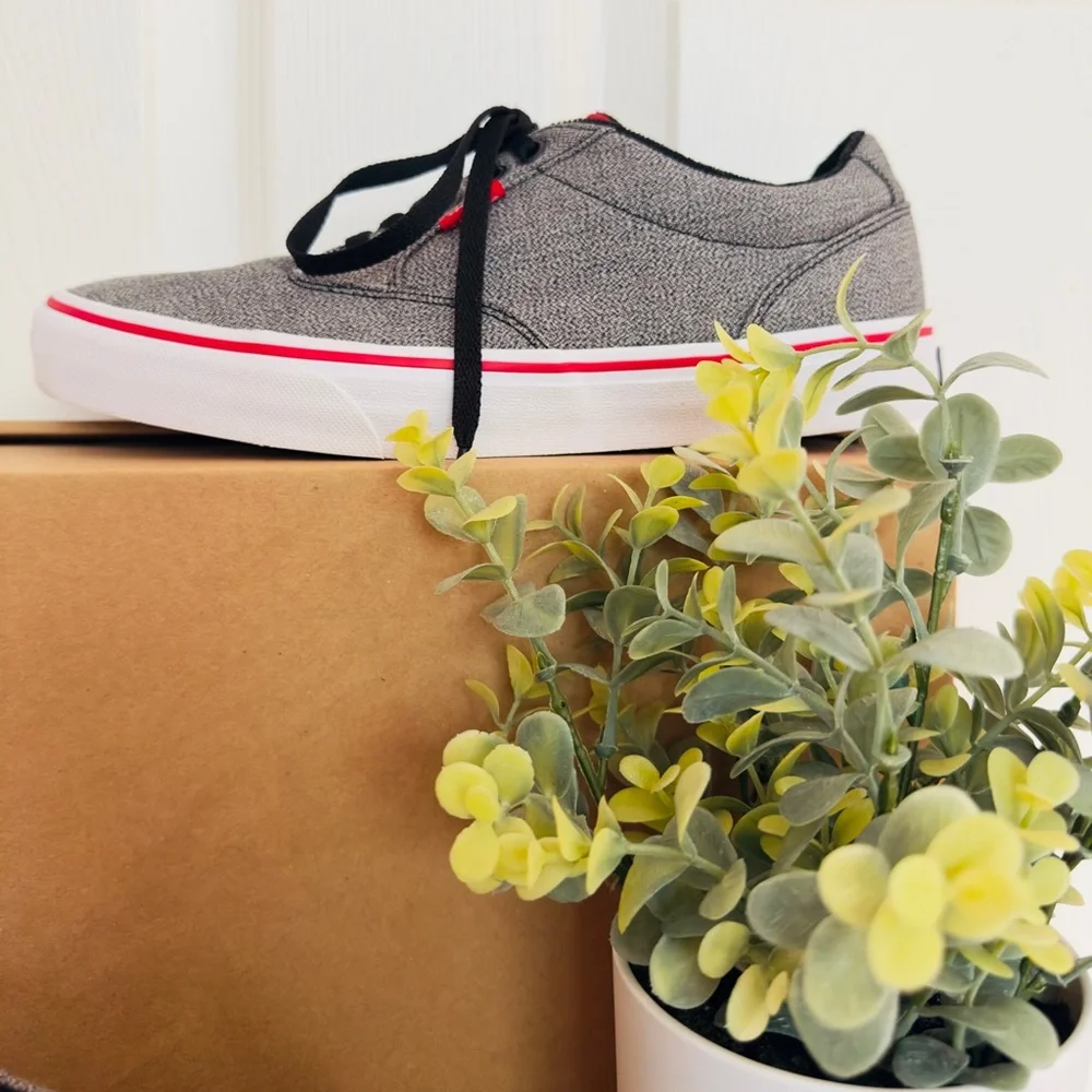 VANS ~ Gray and Black Sneakers Classic Skate Style w/Bold Red Etching size 8